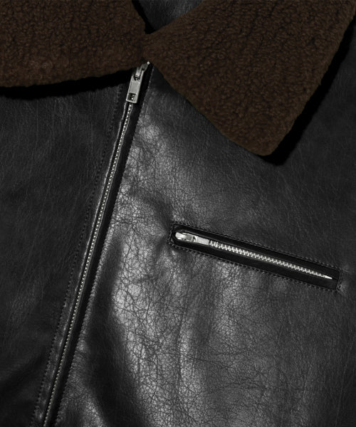 FLEECE COLLAR FLIGHT MA-1 LEATHER JACKET_BLACK