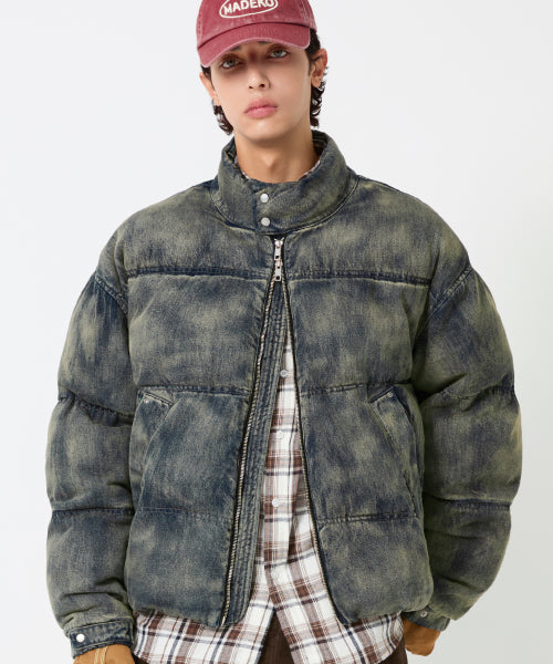BIKER WASHED DENIM PUFFER SHORT PADDING_SAND BLUE