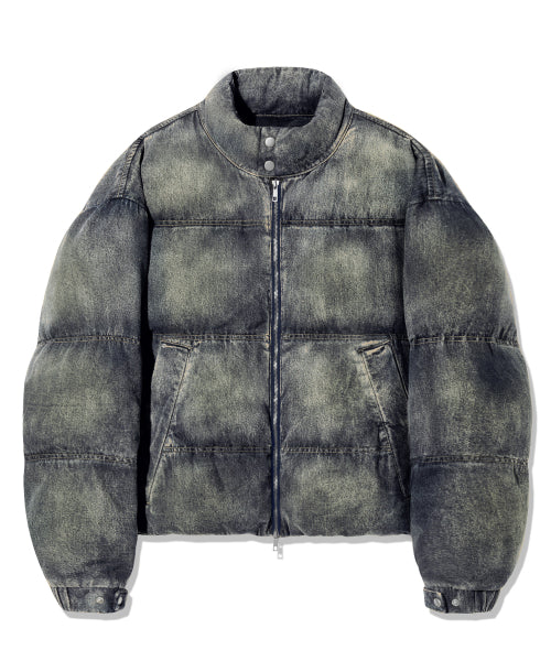 BIKER WASHED DENIM PUFFER SHORT PADDING_SAND BLUE