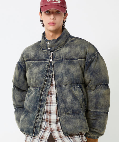 BIKER WASHED DENIM PUFFER SHORT PADDING_SAND BLUE