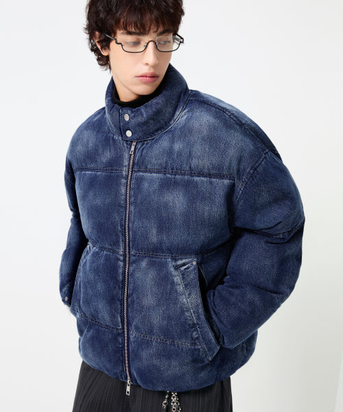 BIKER WASHED DENIM PUFFER SHORT PADDING_MIDDLE BLUE