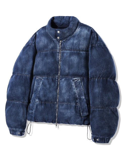 BIKER WASHED DENIM PUFFER SHORT PADDING_MIDDLE BLUE