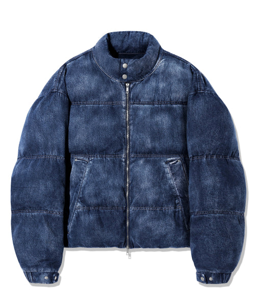BIKER WASHED DENIM PUFFER SHORT PADDING_MIDDLE BLUE