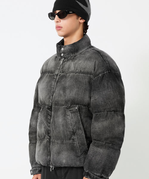 BIKER WASHED DENIM PUFFER SHORT PADDING_BLACK