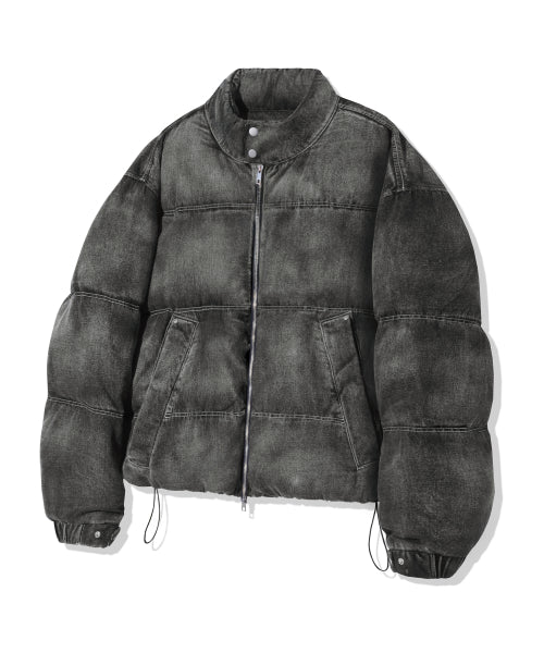 BIKER WASHED DENIM PUFFER SHORT PADDING_BLACK