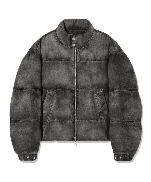 BIKER WASHED DENIM PUFFER SHORT PADDING_BLACK