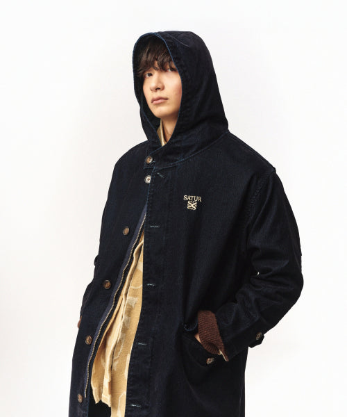 Velvet Denim Mid-Length Hood Coat Indigo