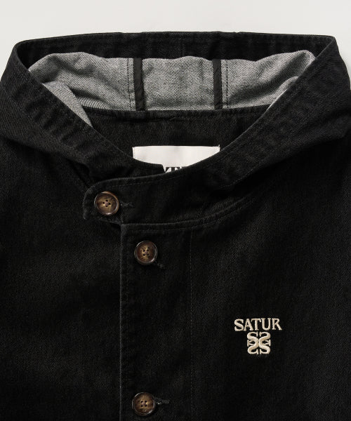 Velvet Denim Mid-Length Hood Coat Black
