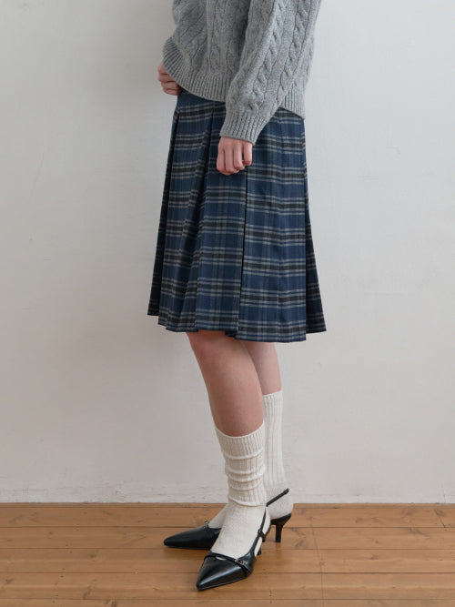 Check Pleats Skirt Navy