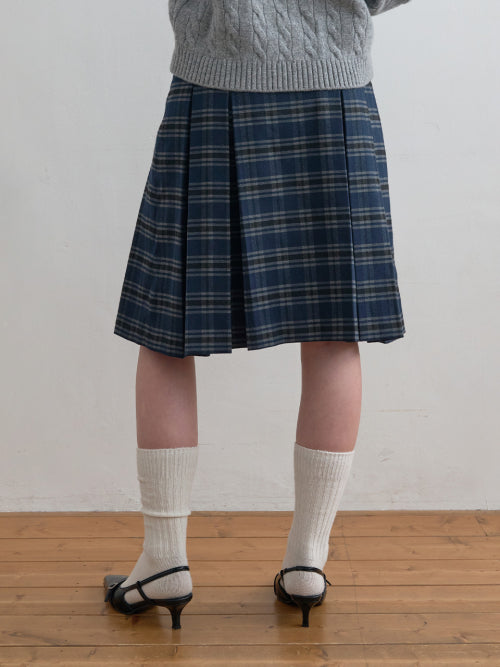 Check Pleats Skirt Navy