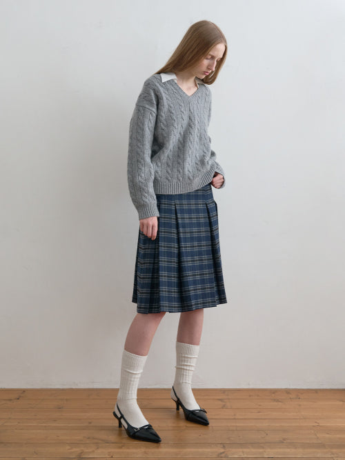 Check Pleats Skirt Navy
