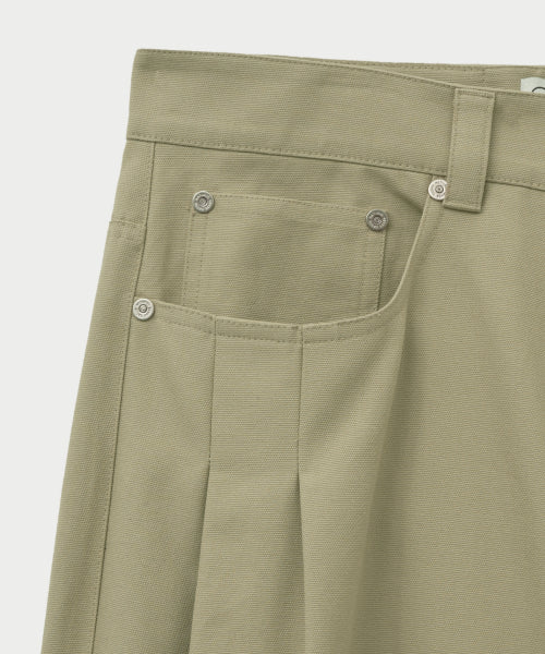 Two Tuck Wide Curved Cotton Pants Beige
