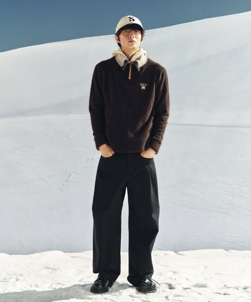 Two Tuck Wide Curved Cotton Pants Black