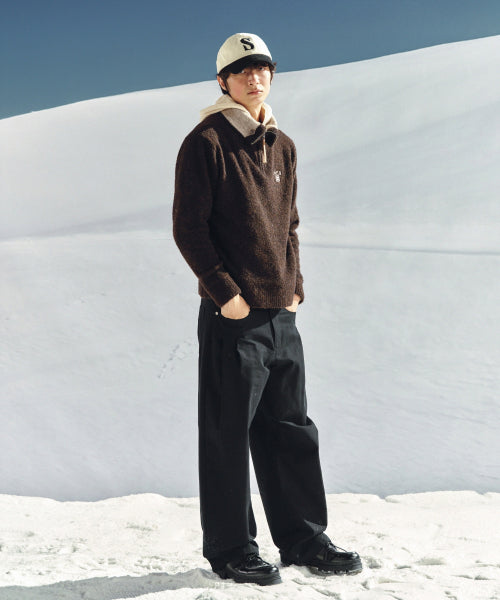 Two Tuck Wide Curved Cotton Pants Black