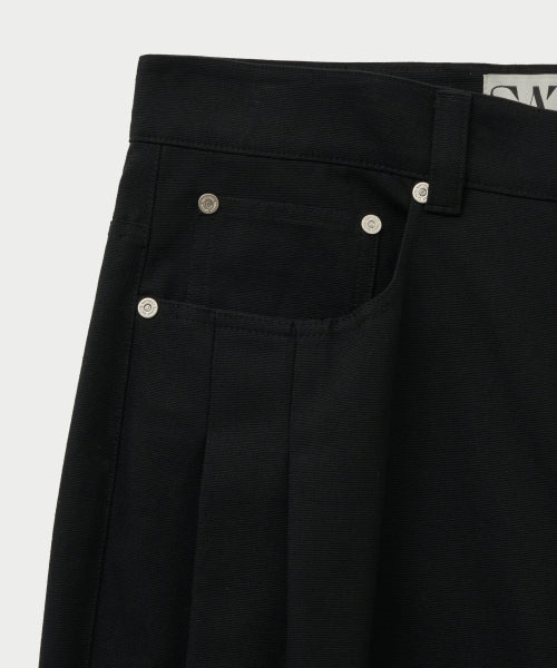Two Tuck Wide Curved Cotton Pants Black