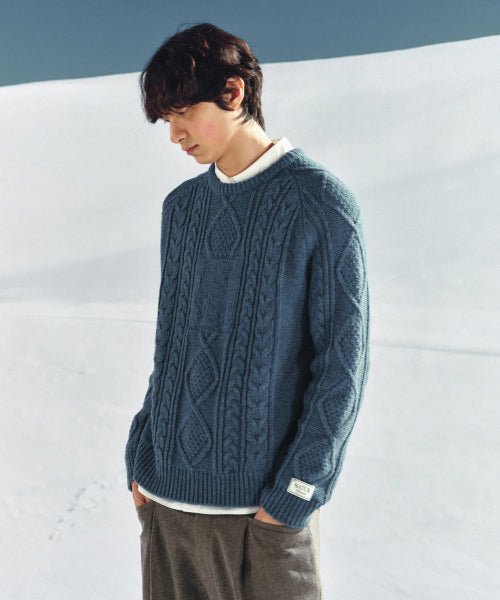 Big Cable Fisherman Pullover Knit Blue