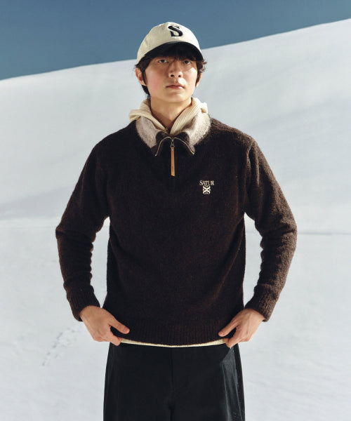 Fleece Half Neck Knit Zip-up Dark Brown