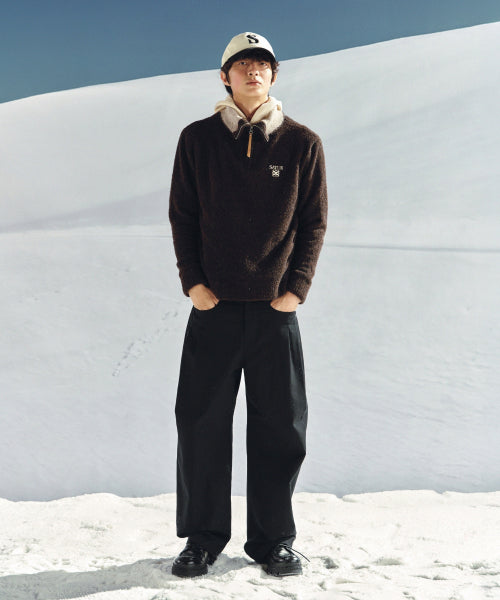 Fleece Half Neck Knit Zip-up Dark Brown
