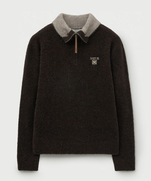 Fleece Half Neck Knit Zip-up Dark Brown
