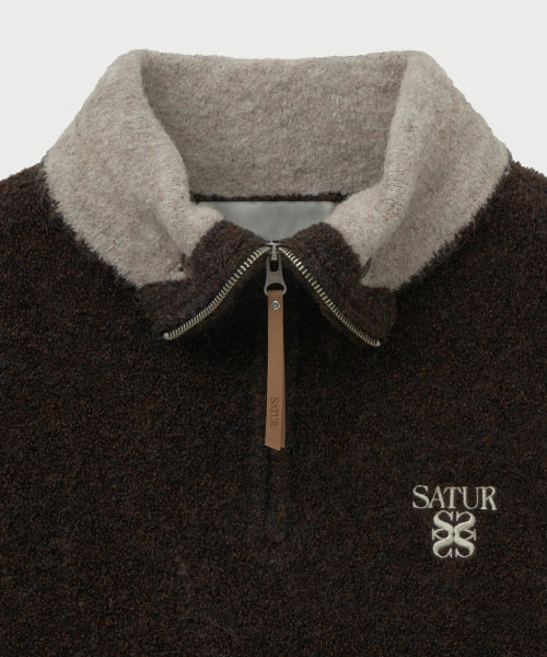 Fleece Half Neck Knit Zip-up Dark Brown
