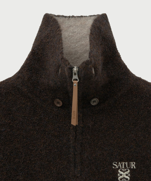 Fleece Half Neck Knit Zip-up Dark Brown