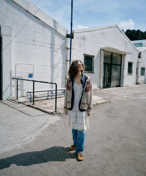 Double Layer Quilted Cardigan (Navy/Beige)
