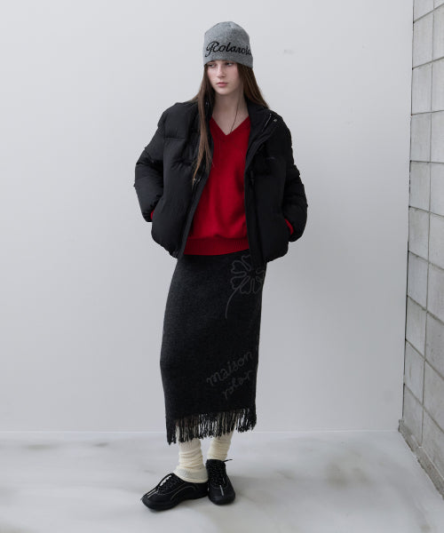 FRINGE LONG KNIT SKIRT CHARCOAL