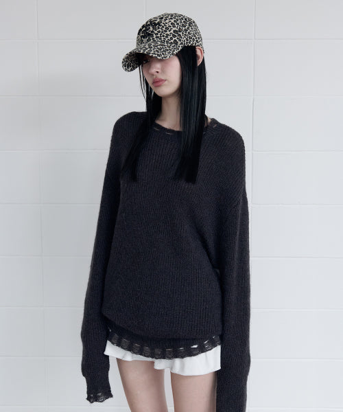 MOHAIR WOOL BLENDED DAMAGED KNIT DEEP GRAY