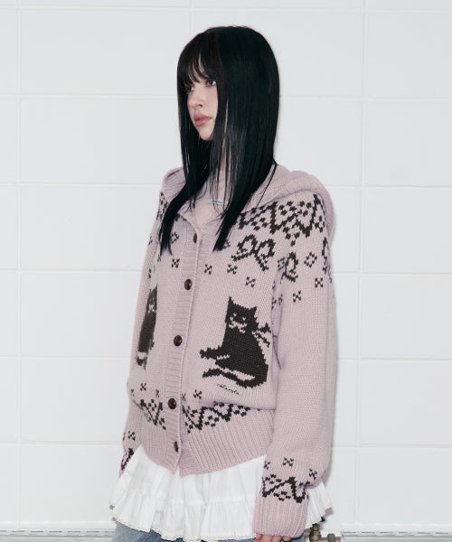 CAT JACQUARD HOODIE CARDIGAN PINK