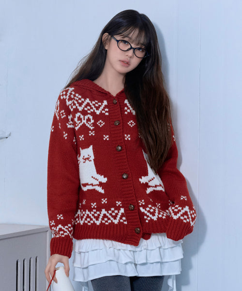 CAT JACQUARD HOODIE CARDIGAN RED