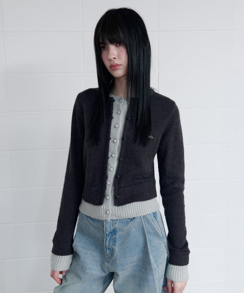 MOHAIR BLENDED LAYERED CARDIGAN CH+L/GY