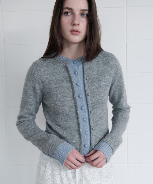 MOHAIR BLENDED LAYERED CARDIGAN GY+BL