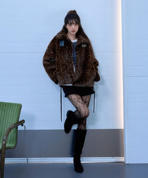LEOPARD COLLAR FUR JACKET BROWN