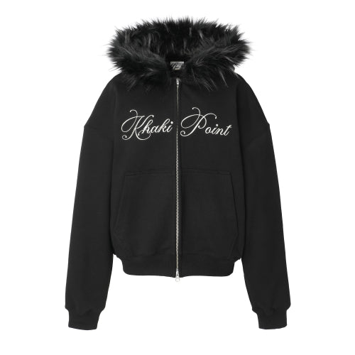 Lettering Fur Hood Zip-up (black)