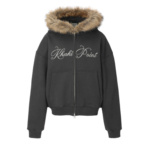 Lettering Fur Hood Zip-up (charcoal)