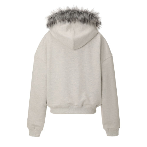 Lettering Fur Hood Zip-up (oatmeal)