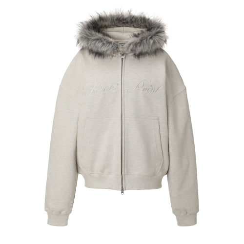 Lettering Fur Hood Zip-up (oatmeal)