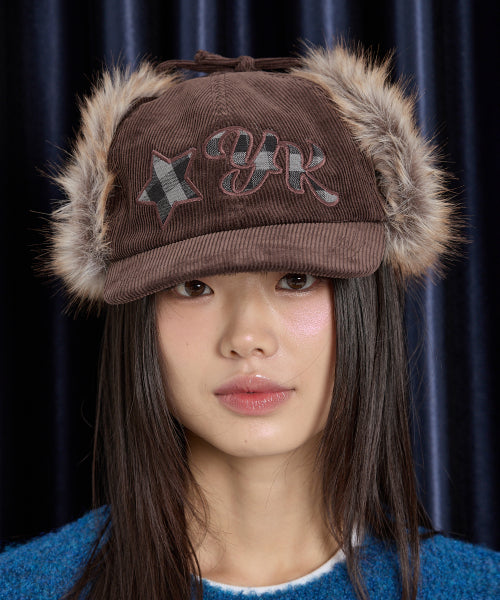 Corduroy Check Applique Trooper Cap BROWN