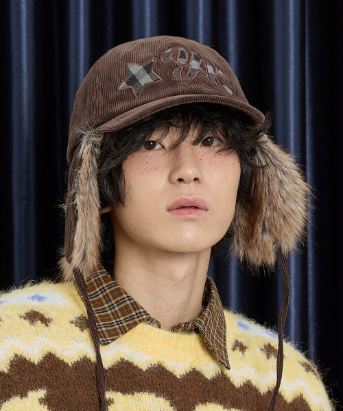Corduroy Check Applique Trooper Cap BROWN