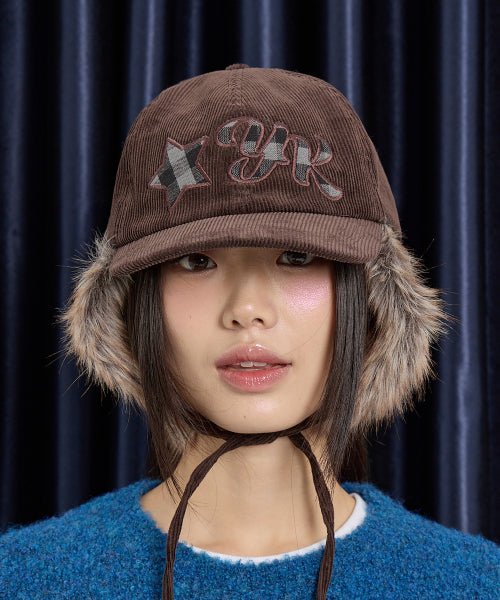 Corduroy Check Applique Trooper Cap BROWN