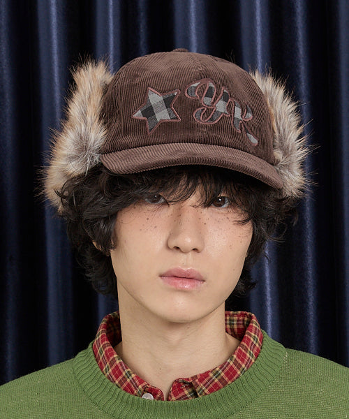 Corduroy Check Applique Trooper Cap BROWN