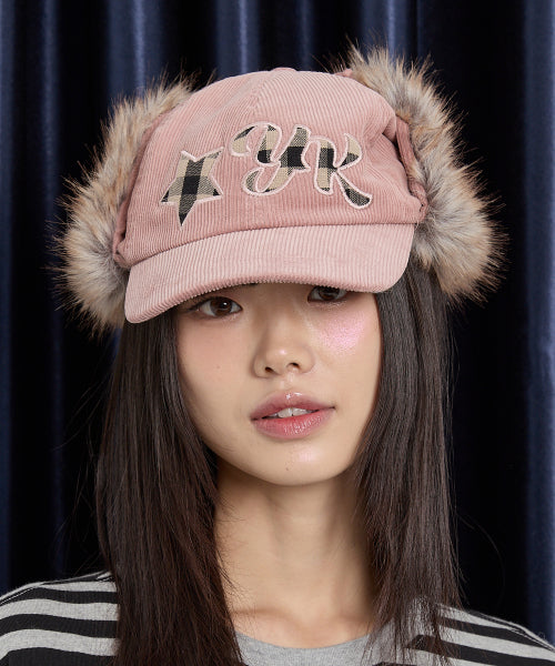 Corduroy Check Applique Trooper Cap PINK