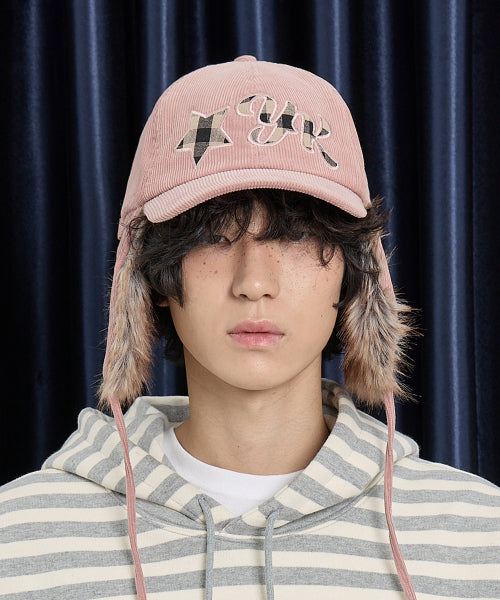 Corduroy Check Applique Trooper Cap PINK