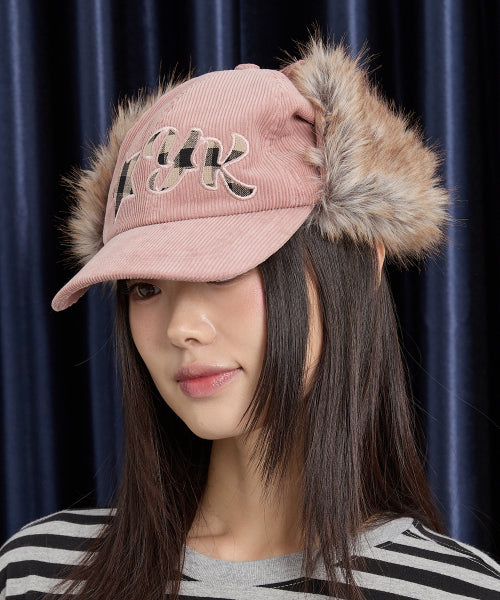Corduroy Check Applique Trooper Cap PINK