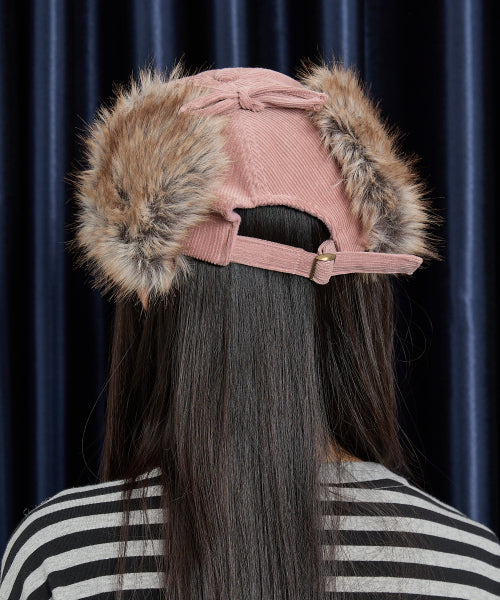 Corduroy Check Applique Trooper Cap PINK