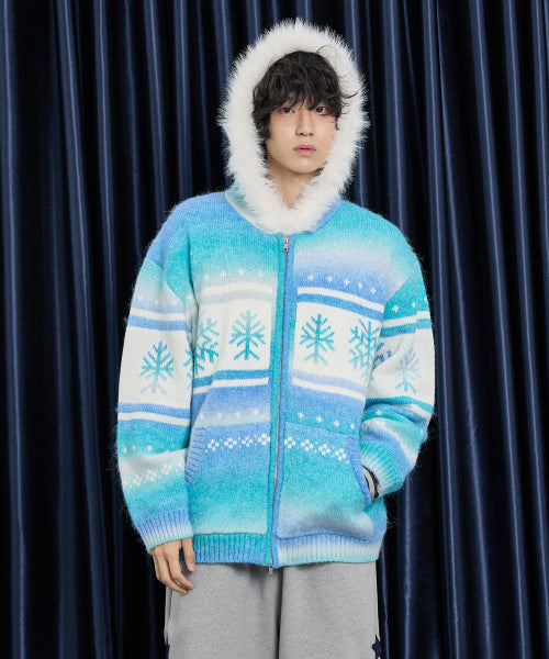 Snow Gradation Fur Hood Knit Zip Up BLUE