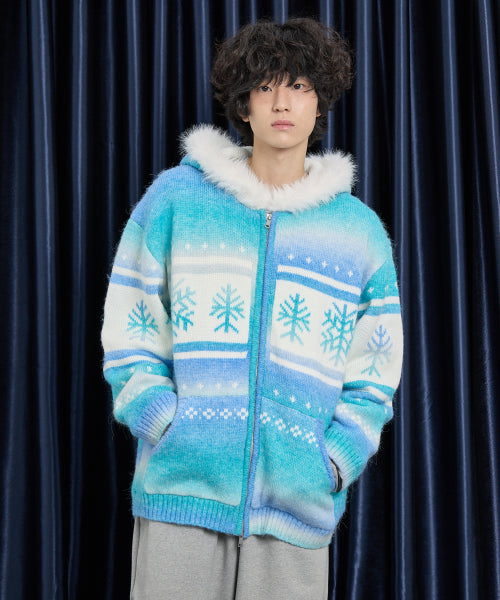 Snow Gradation Fur Hood Knit Zip Up BLUE