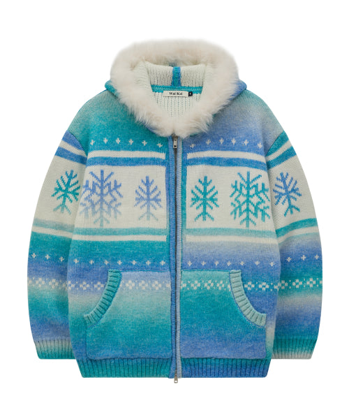 Snow Gradation Fur Hood Knit Zip Up BLUE