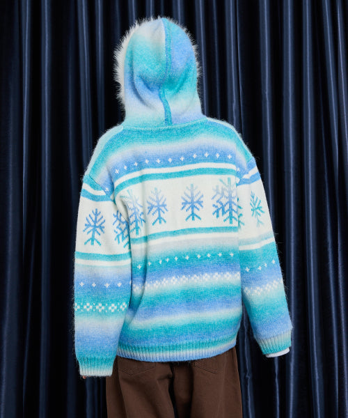Snow Gradation Fur Hood Knit Zip Up BLUE