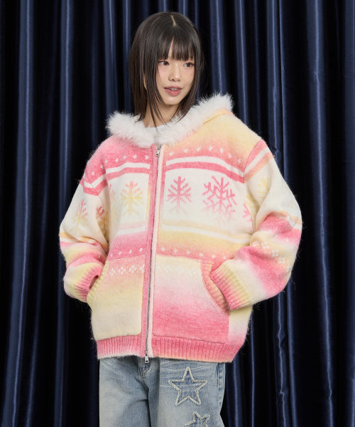 Snow Gradation Fur Hood Knit Zip Up PINK